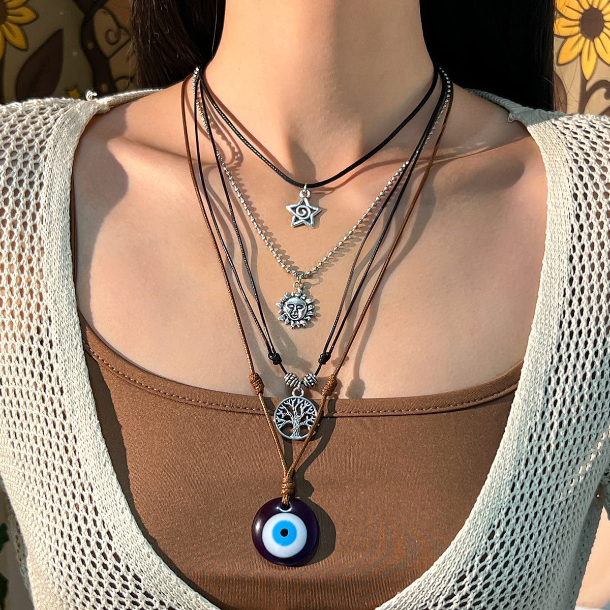 Ethnic Style 4pcs Evil Eye Sun Star Family Tree Pendant Wax Cord Necklace Set - ArtGalleryZen