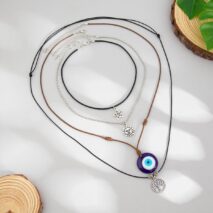 Ethnic Style 4pcs Evil Eye Sun Star Family Tree Pendant Wax Cord Necklace Set - ArtGalleryZen