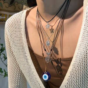 Ethnic Style 4pcs Evil Eye Sun Star Family Tree Pendant Wax Cord Necklace Set - ArtGalleryZen