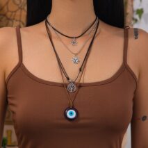Ethnic Style 4pcs Evil Eye Sun Star Family Tree Pendant Wax Cord Necklace Set - ArtGalleryZen