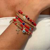 Ethnic style 5pcs Evil Eye Hamsa Charm Crystal Beaded Bracelet Set - ArtGalleryZen