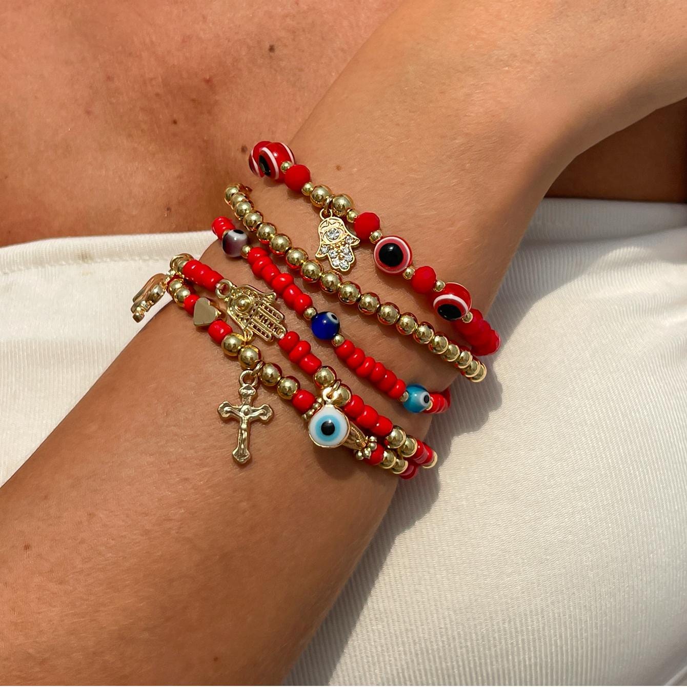 Ethnic style 5pcs Evil Eye Hamsa Charm Crystal Beaded Bracelet Set - ArtGalleryZen