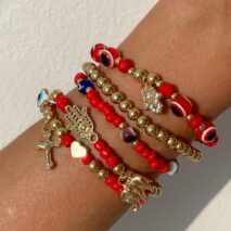 Ethnic style 5pcs Evil Eye Hamsa Charm Crystal Beaded Bracelet Set - ArtGalleryZen