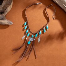 Ethnic Style Feather Turquoise Pendant Braided Velvet Necklace - ArtGalleryZen