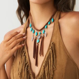 Ethnic Style Feather Turquoise Pendant Braided Velvet Necklace - ArtGalleryZen