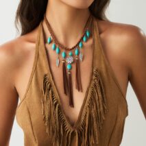 Ethnic Style Feather Turquoise Pendant Braided Velvet Necklace - ArtGalleryZen