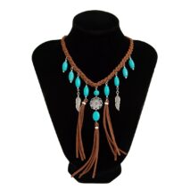 Ethnic Style Feather Turquoise Pendant Braided Velvet Necklace - ArtGalleryZen