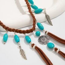 Ethnic Style Feather Turquoise Pendant Braided Velvet Necklace - ArtGalleryZen