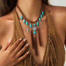 Ethnic Style Feather Turquoise Pendant Braided Velvet Necklace - ArtGalleryZen