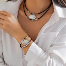 Ethnic style Layered Carved Oval Charm PU String Necklace Bracelet Set - ArtGalleryZen