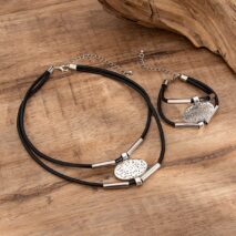 Ethnic style Layered Carved Oval Charm PU String Necklace Bracelet Set - ArtGalleryZen