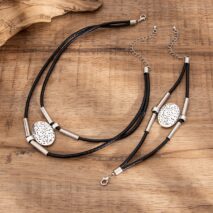 Ethnic style Layered Carved Oval Charm PU String Necklace Bracelet Set - ArtGalleryZen