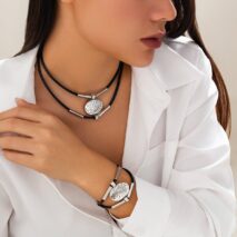 Ethnic style Layered Carved Oval Charm PU String Necklace Bracelet Set - ArtGalleryZen