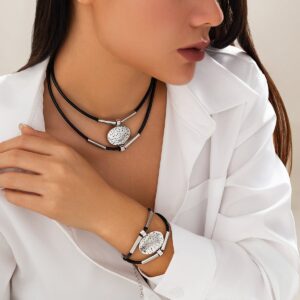 Ethnic style Layered Carved Oval Charm PU String Necklace Bracelet Set - ArtGalleryZen