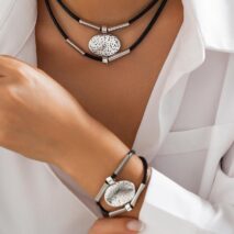 Ethnic style Layered Carved Oval Charm PU String Necklace Bracelet Set - ArtGalleryZen