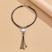 Ethnic style Layered Carved Oval Charm PU string Tassel Necklace - ArtGalleryZen