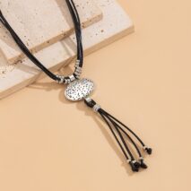 Ethnic style Layered Carved Oval Charm PU string Tassel Necklace - ArtGalleryZen