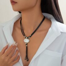 Ethnic style Layered Carved Oval Charm PU string Tassel Necklace - ArtGalleryZen