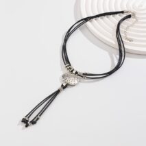 Ethnic style Layered Carved Oval Charm PU string Tassel Necklace - ArtGalleryZen