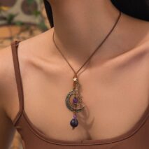Ethnic Style Moon Chalcedony Pendant Wax Cord Necklace - ArtGalleryZen