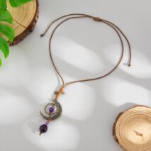 Ethnic Style Moon Chalcedony Pendant Wax Cord Necklace - ArtGalleryZen