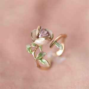 Exquisite Enamel Pink Rose Open Ring - ArtGalleryZen