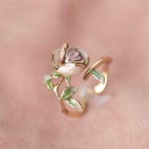 Exquisite Enamel Pink Rose Open Ring - ArtGalleryZen