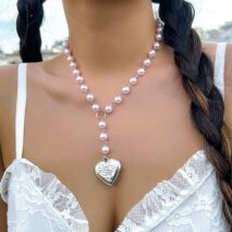 Floral Heart Pendant Pearl Chain Y Necklace - ArtGalleryZen