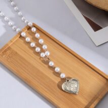 Floral Heart Pendant Pearl Chain Y Necklace - ArtGalleryZen