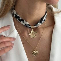 Flower Heart Pendant Leopard Print Chiffon Necklace Set 2 Pcs Boho - ArtGalleryZen