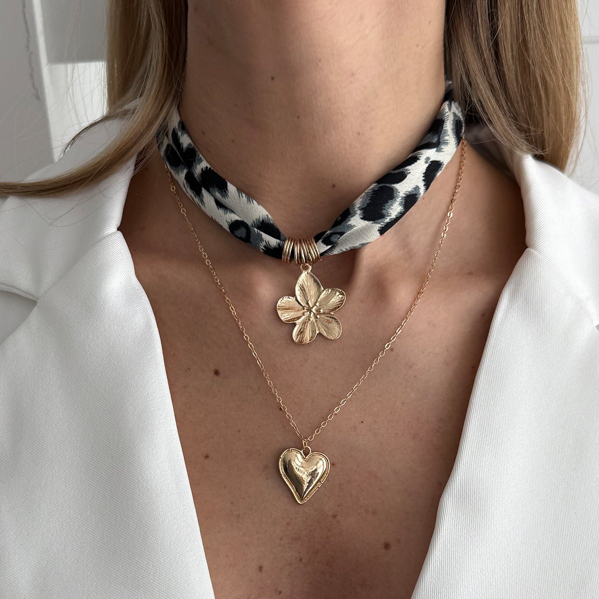 Flower Heart Pendant Leopard Print Chiffon Necklace Set 2 Pcs Boho - ArtGalleryZen