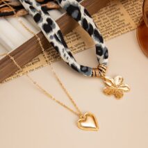 Flower Heart Pendant Leopard Print Chiffon Necklace Set 2 Pcs Boho - ArtGalleryZen