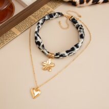 Flower Heart Pendant Leopard Print Chiffon Necklace Set 2 Pcs Boho - ArtGalleryZen