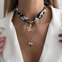 Flower Heart Pendant Leopard Print Chiffon Necklace Set 2 Pcs Boho - ArtGalleryZen