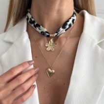 Flower Heart Pendant Leopard Print Chiffon Necklace Set 2 Pcs Boho - ArtGalleryZen