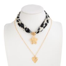 Flower Heart Pendant Leopard Print Chiffon Necklace Set 2 Pcs Boho - ArtGalleryZen