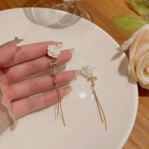 French Style Camellia Flower Crystal Tassel Chain Earrings - ArtGalleryZen