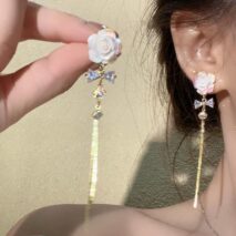 French Style Camellia Flower Crystal Tassel Chain Earrings - ArtGalleryZen