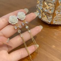 French Style Camellia Flower Crystal Tassel Chain Earrings - ArtGalleryZen