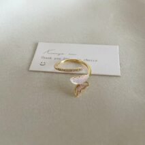 French Style CZ Inlaid Butterfly Enamel Flower Pearl Open Ring - ArtGalleryZen