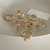 French Style CZ Inlaid Butterfly Enamel Flower Pearl Open Ring - ArtGalleryZen