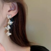 French Style CZ Inlaid Butterfly Tassel Earrings - ArtGalleryZen