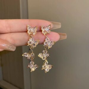 French Style CZ Inlaid Butterfly Tassel Earrings - ArtGalleryZen