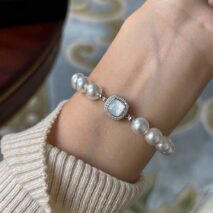 French Style Layered CZ Inlaid Square Charm Pearl Chain Necklace Bracelet - ArtGalleryZen