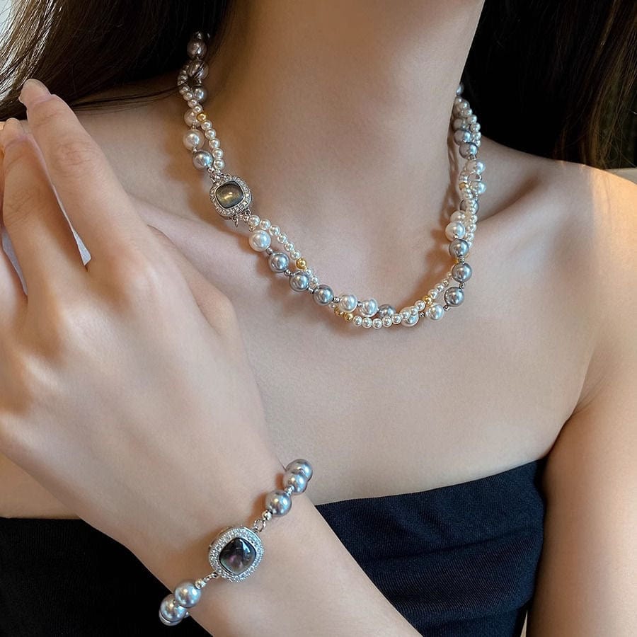 French Style Layered CZ Inlaid Square Charm Pearl Chain Necklace Bracelet - ArtGalleryZen