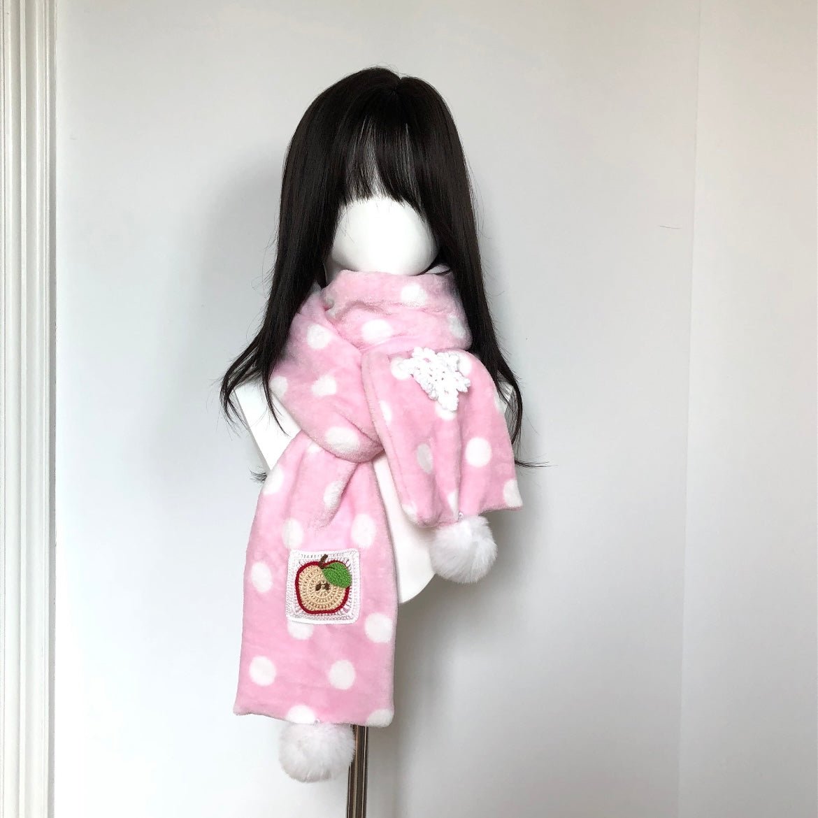 Furry Pink Polka Dots Apple Snowflake Winter Scarf - ArtGalleryZen