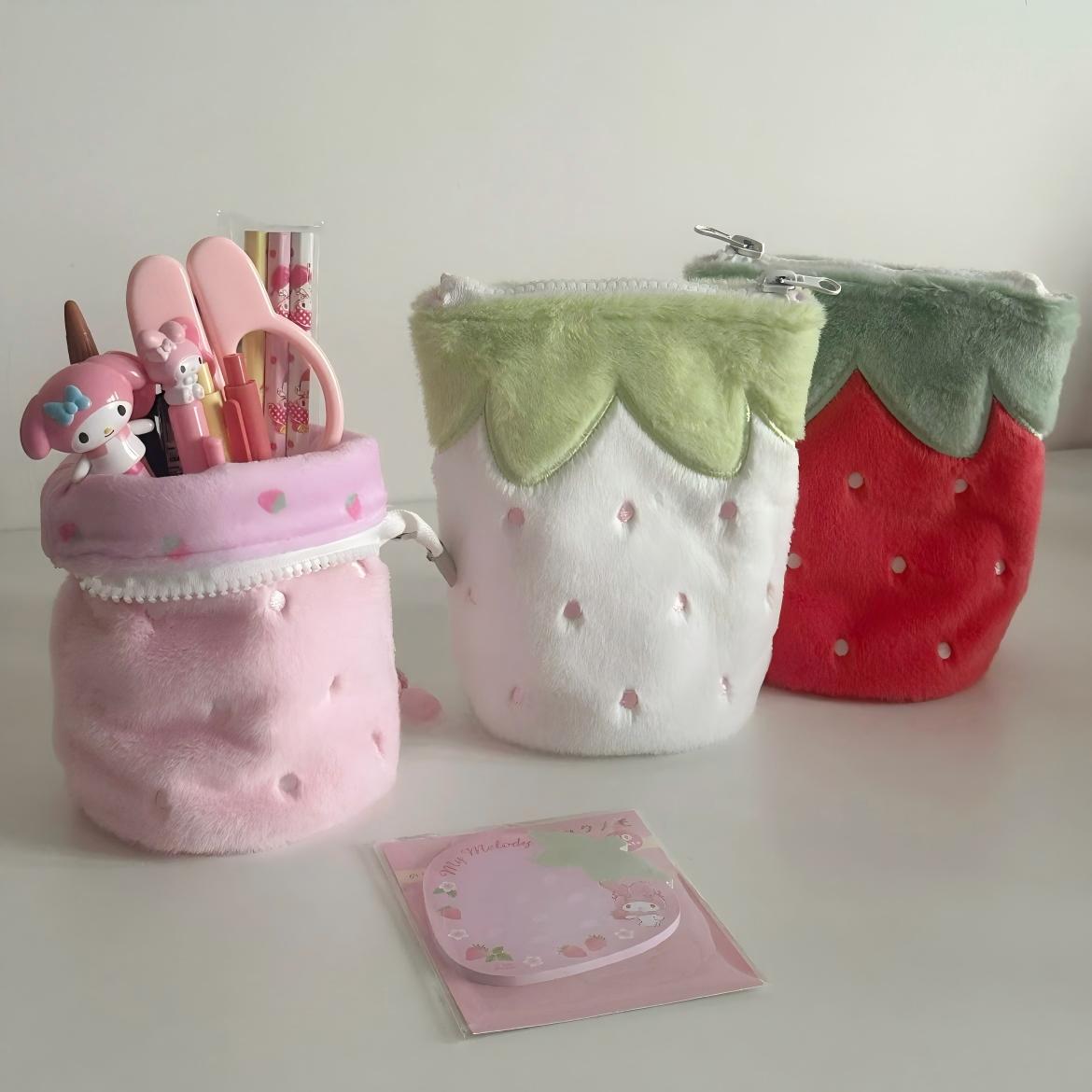 Furry Strawberry Pencil Case Storage Bag - ArtGalleryZen