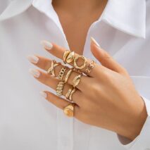 Geometric 10pcs Gold Plated Hollow Heart Waterdrop Round Disk Open Ring Set - ArtGalleryZen