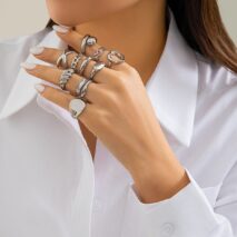 Geometric 10pcs Gold Plated Hollow Heart Waterdrop Round Disk Open Ring Set - ArtGalleryZen