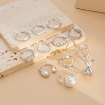 Geometric 12pcs Gold Silver Tone Hollow Twisted Open Ring Set - ArtGalleryZen